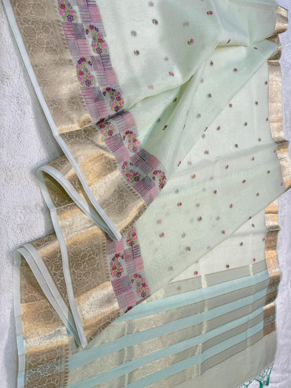 Sea Green Cotton Kota Designer Embroidery Premium Banarasi Saree