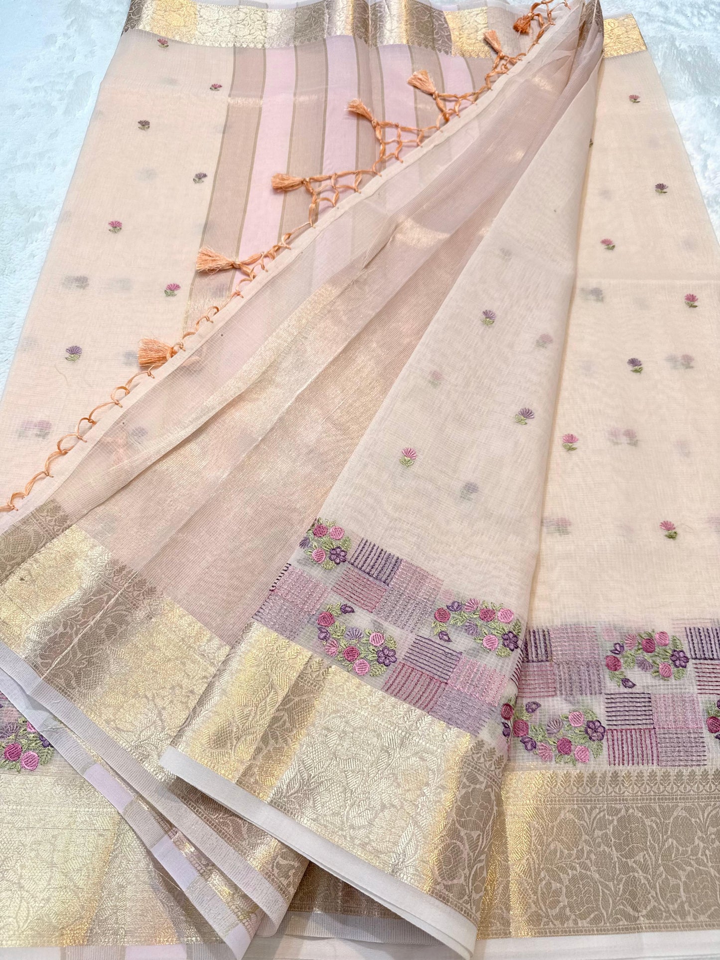Peach Cotton Kota Designer Embroidery Premium Banarasi Saree