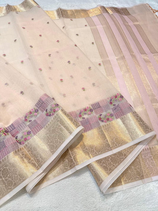 Peach Cotton Kota Designer Embroidery Premium Banarasi Saree
