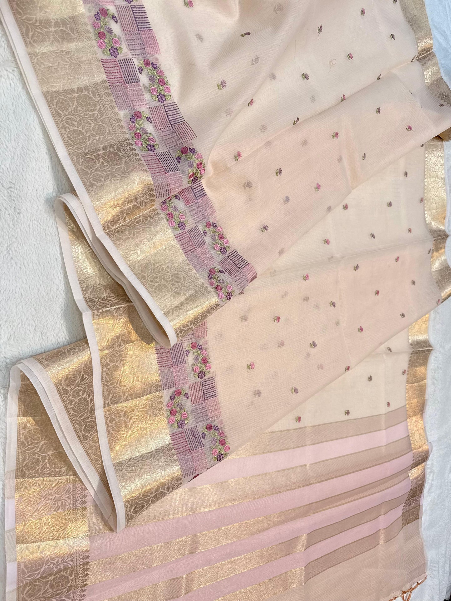 Peach Cotton Kota Designer Embroidery Premium Banarasi Saree