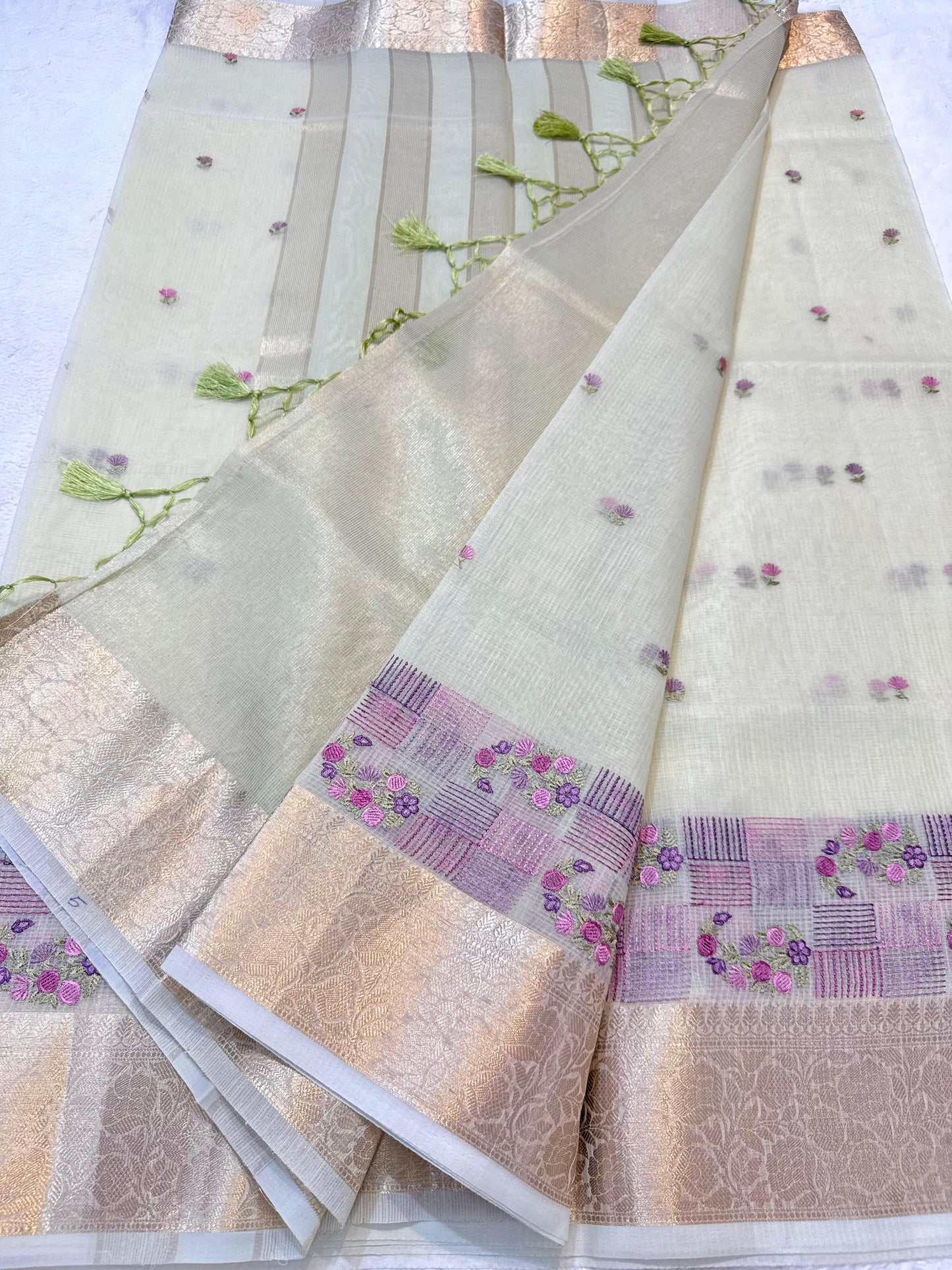 Green Cotton Kota Designer Embroidery Premium Banarasi Saree