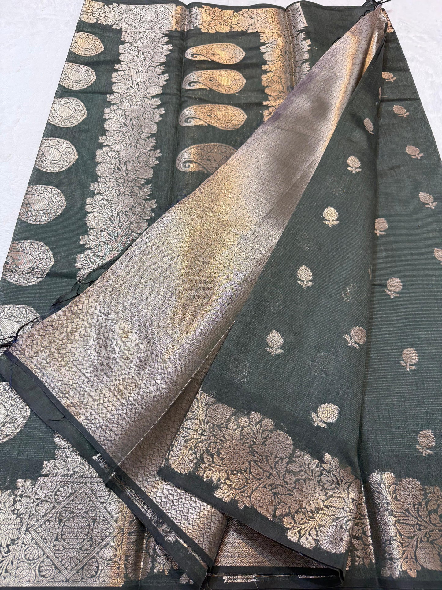Bottle Green Tusser Silk Banarasi Saree