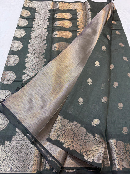 Bottle Green Tusser Silk Banarasi Saree