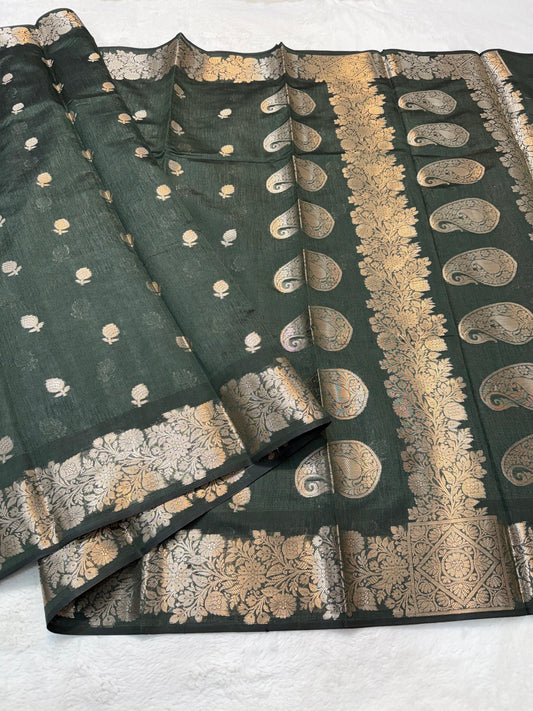 Bottle Green Tusser Silk Banarasi Saree