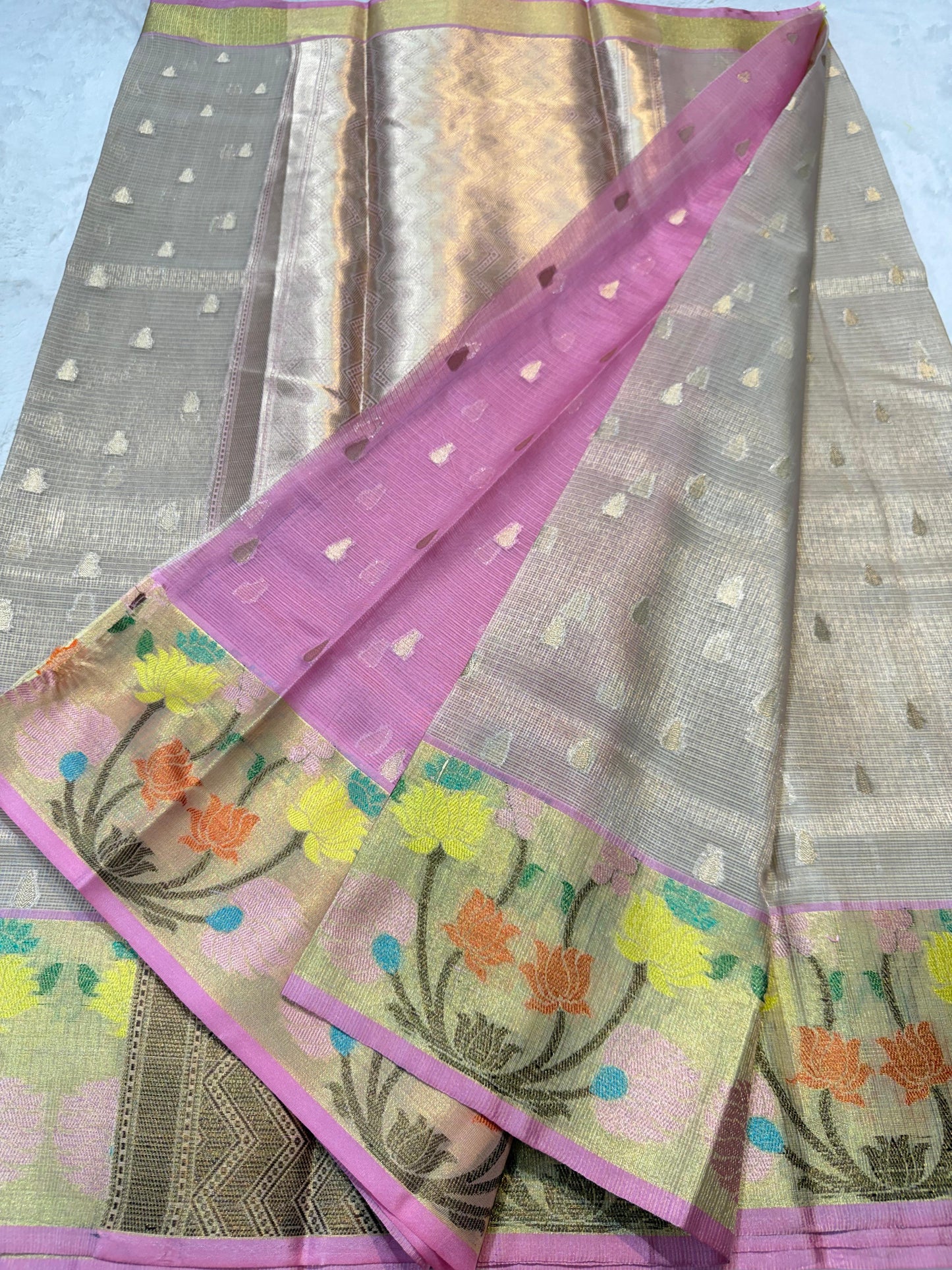 Gray Tissue Kota Pathni Border Premium Banarasi Saree