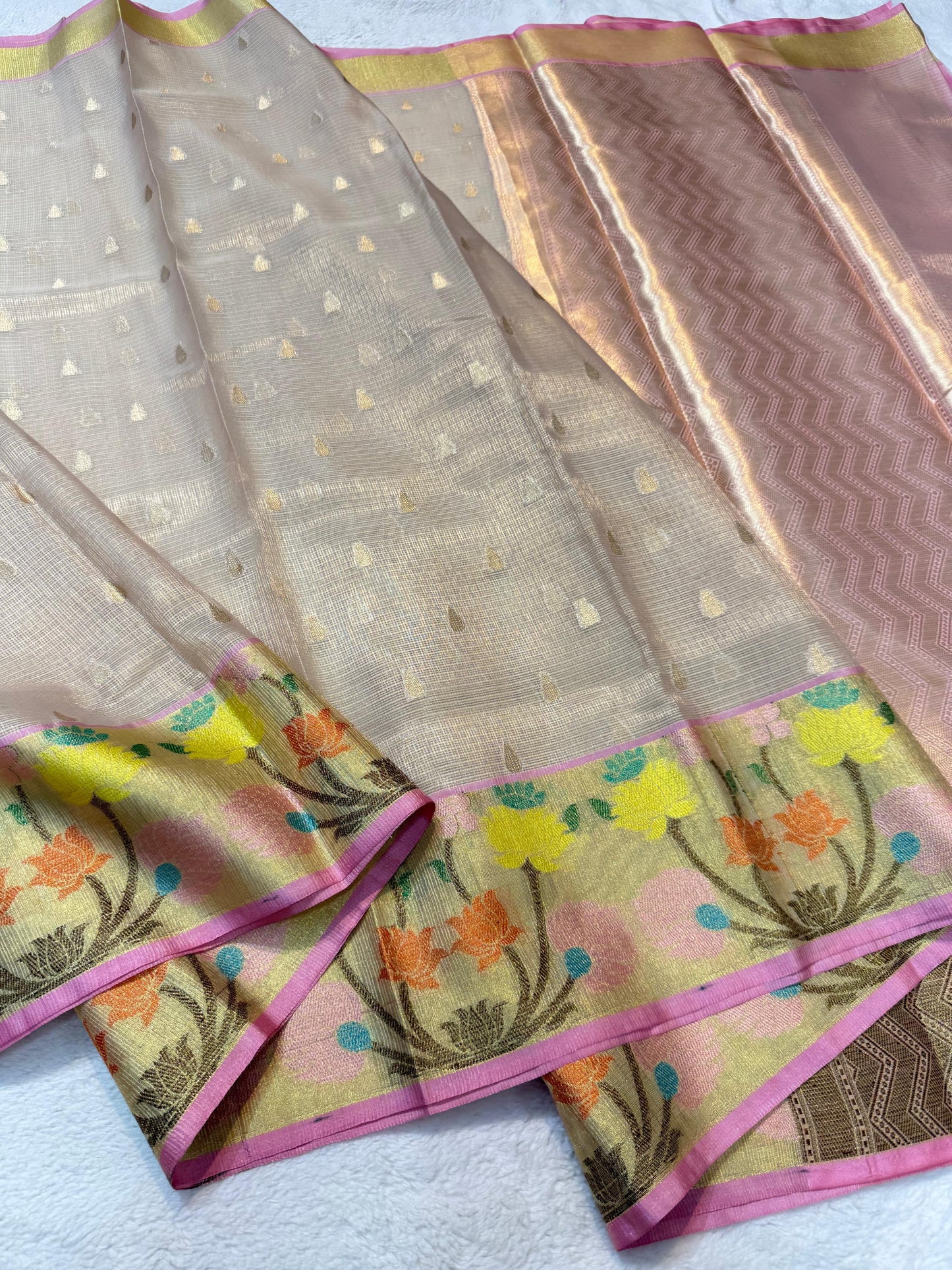 Gray Tissue Kota Pathni Border Premium Banarasi Saree
