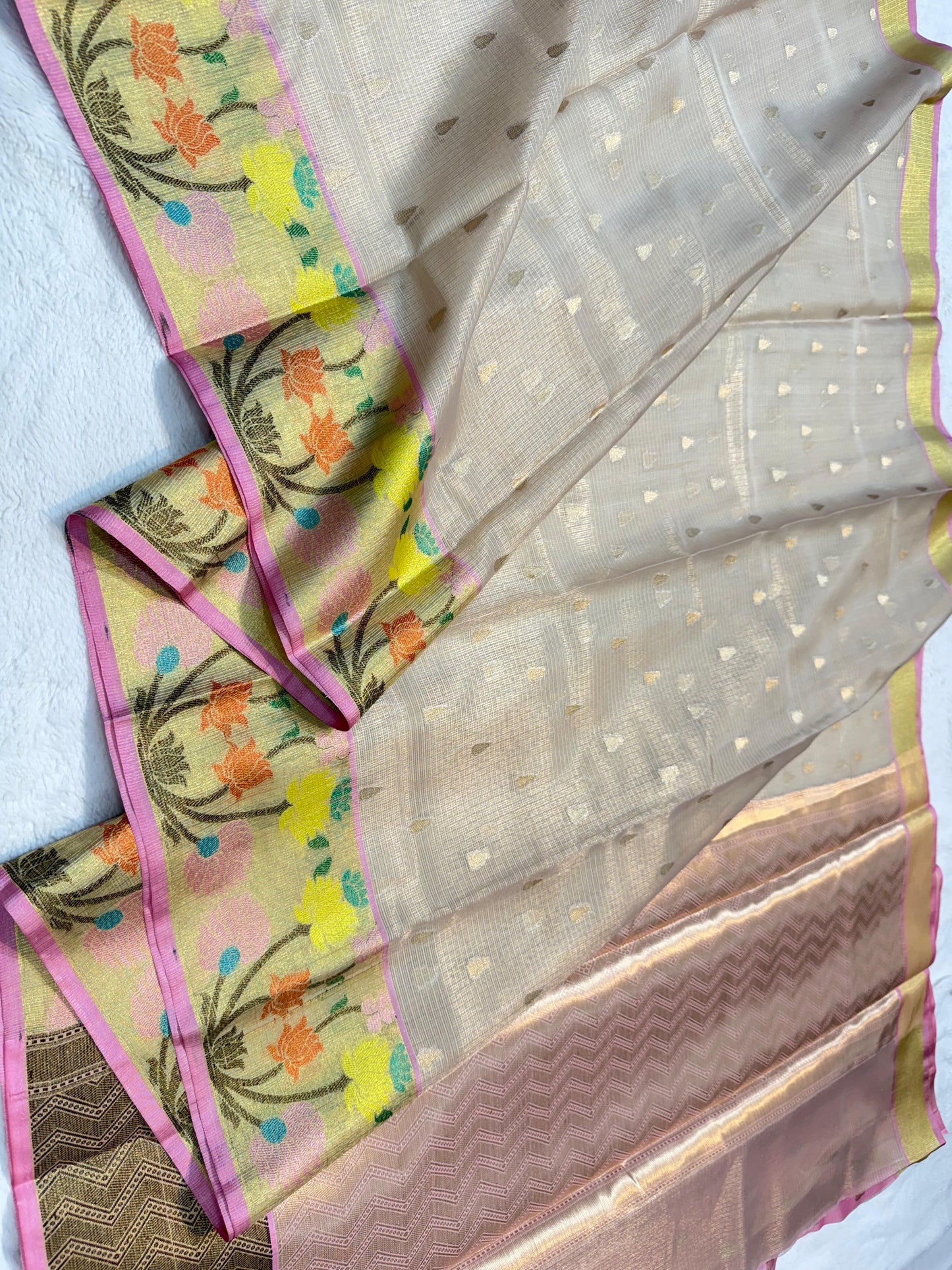 Gray Tissue Kota Pathni Border Premium Banarasi Saree