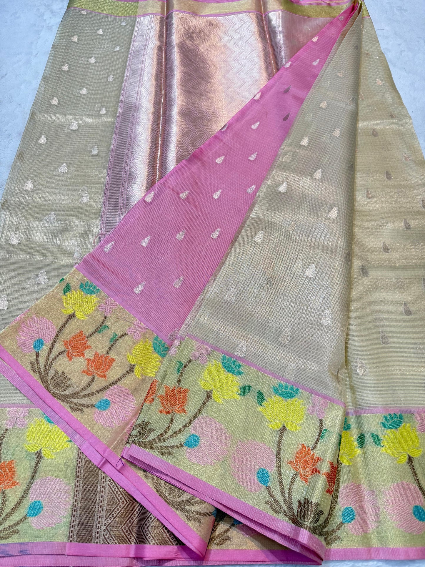 Beige Tissue Kota Pathni Border Premium Banarasi Saree