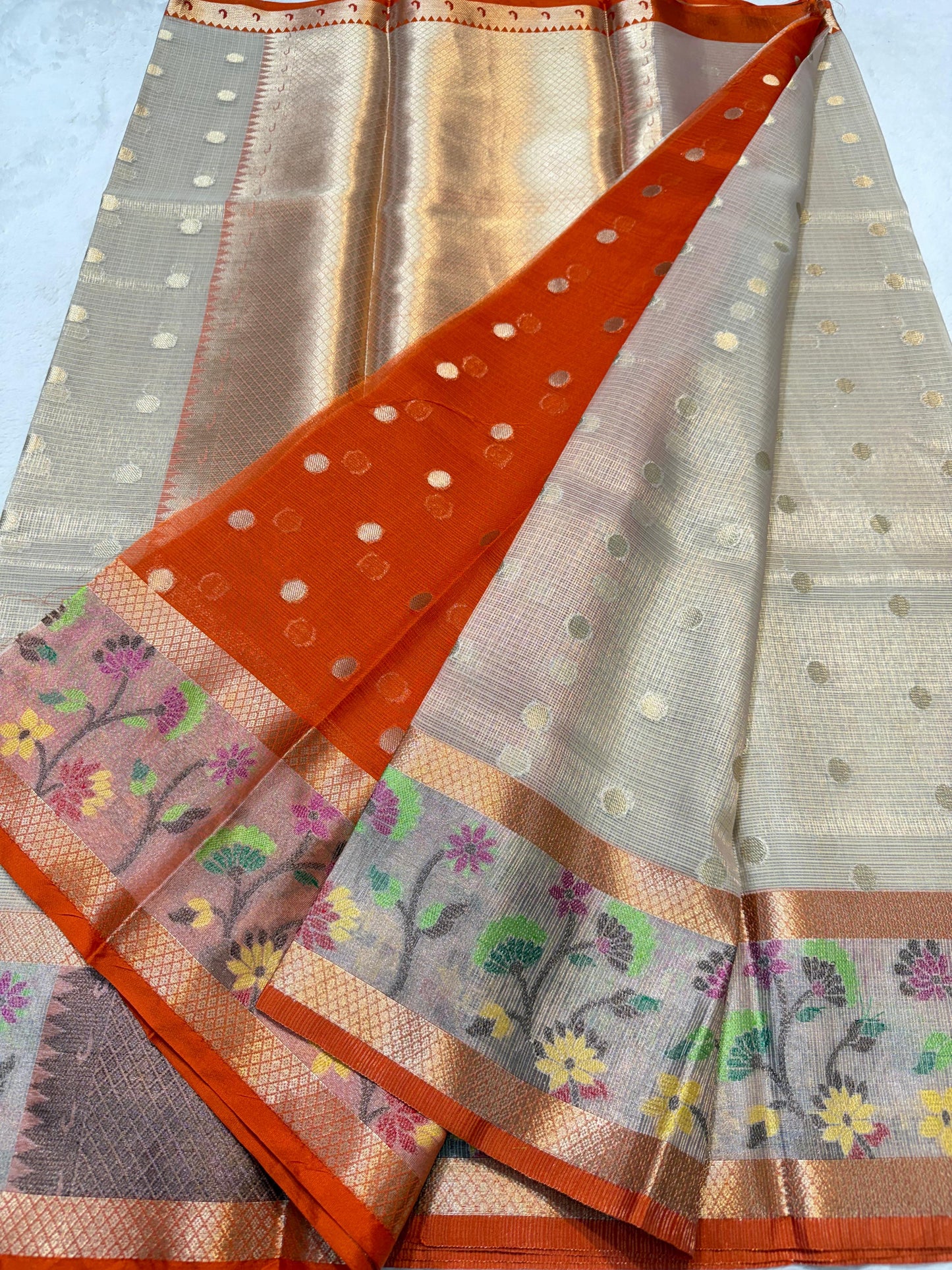 Gray Tissue Kota Pathni Border Premium Banarasi Saree