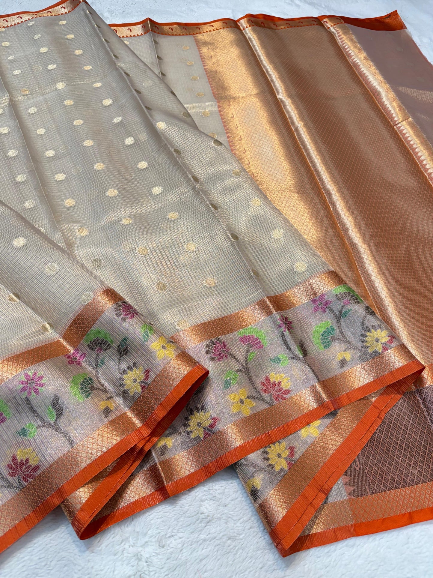 Gray Tissue Kota Pathni Border Premium Banarasi Saree