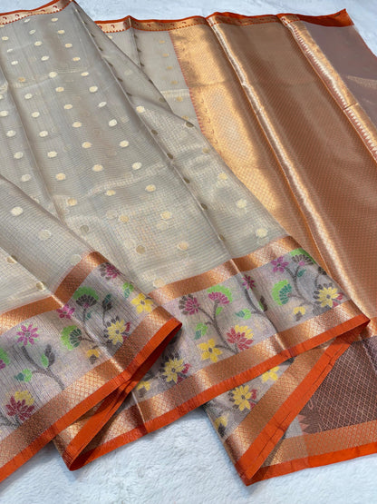 Gray Tissue Kota Pathni Border Premium Banarasi Saree