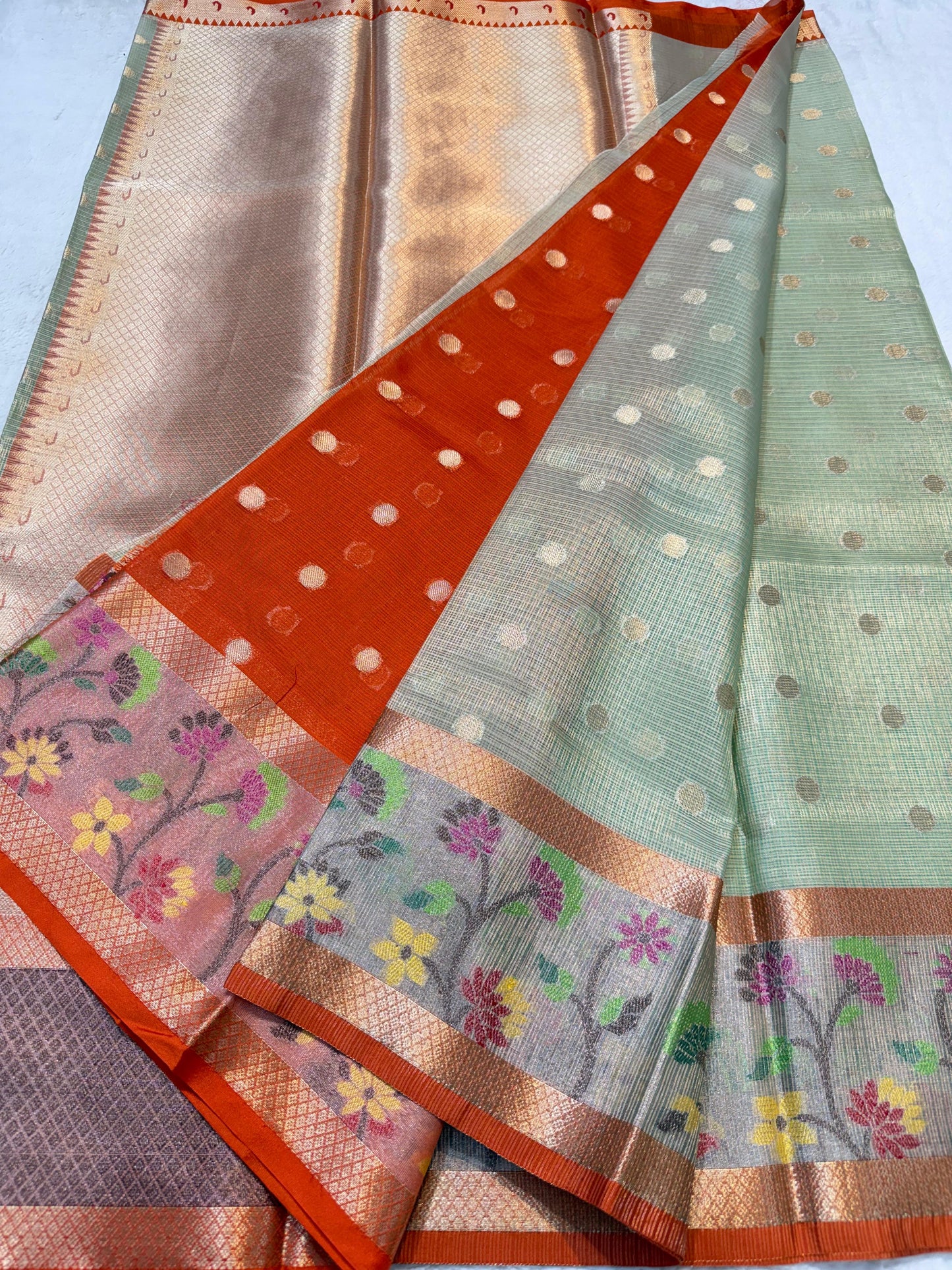 Sea Green Tissue Kota Pathni Border Premium Banarasi Saree