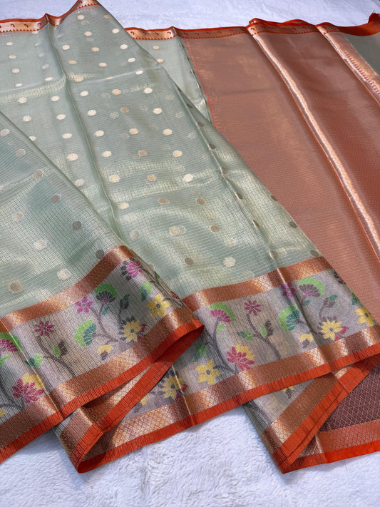 Sea Green Tissue Kota Pathni Border Premium Banarasi Saree