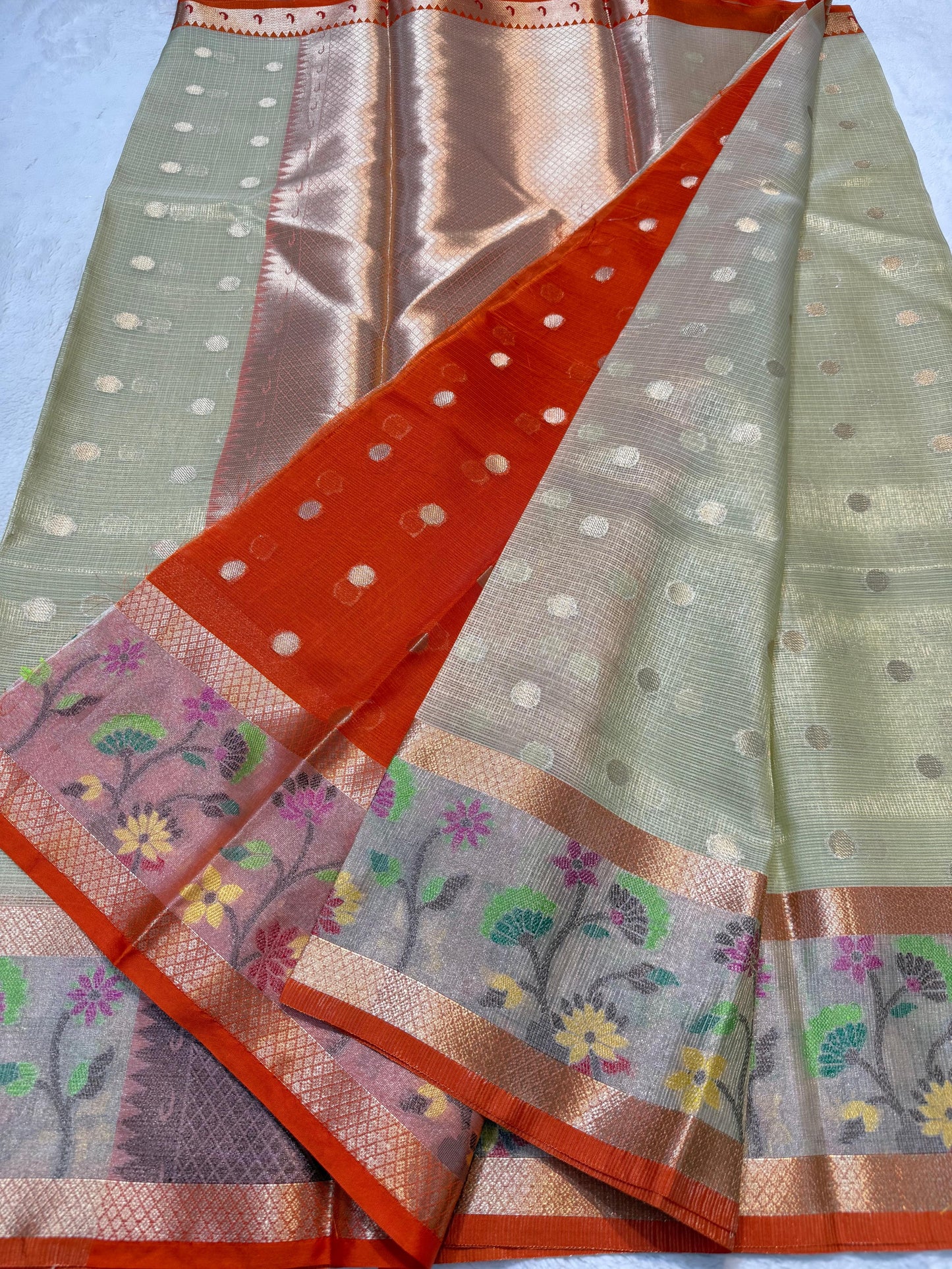 Pista Green Tissue Kota Pathni Border Premium Banarasi Saree