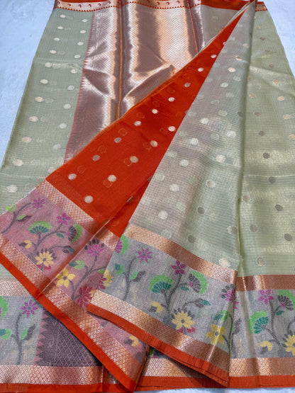 Pista Green Tissue Kota Pathni Border Premium Banarasi Saree