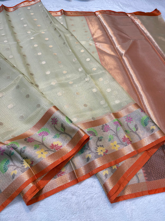 Pista Green Tissue Kota Pathni Border Premium Banarasi Saree