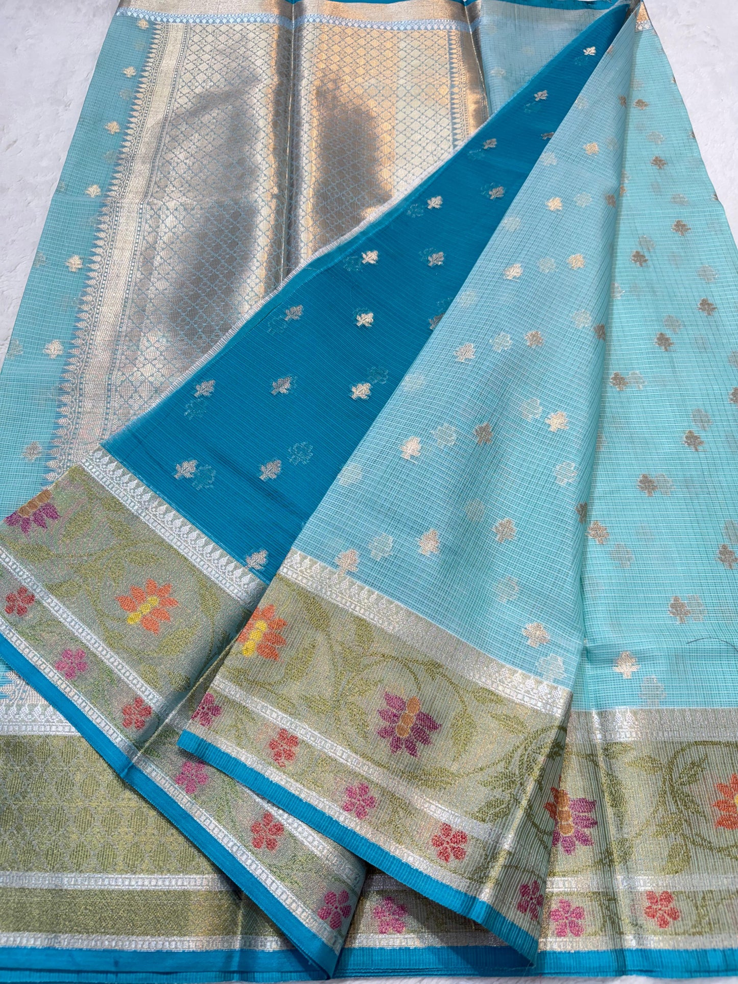 Ocean Blue Cotton Kota Pathni Border Premium Banarasi Saree