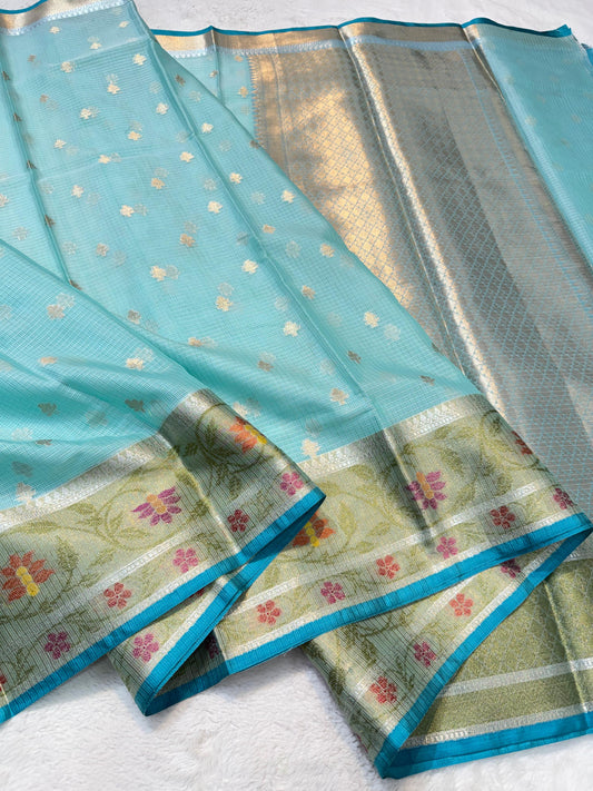 Ocean Blue Cotton Kota Pathni Border Premium Banarasi Saree