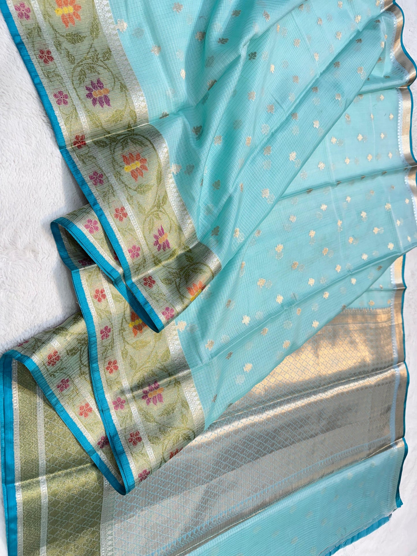 Ocean Blue Cotton Kota Pathni Border Premium Banarasi Saree