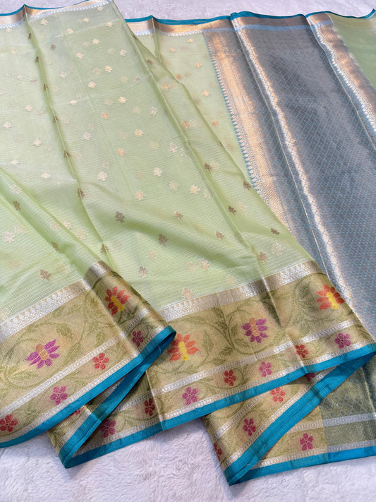 Pista Green Cotton Kota Pathni Border Premium Banarasi Saree