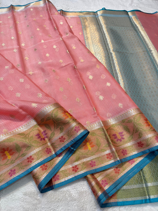 Peach  Cotton Kota Pathni Border Premium Banarasi Saree