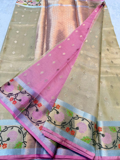 Off White  Tissue Kota Pathni Border Premium Banarasi Saree