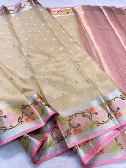Off White  Tissue Kota Pathni Border Premium Banarasi Saree