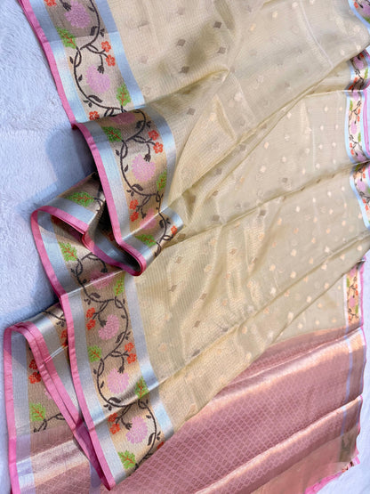 Off White  Tissue Kota Pathni Border Premium Banarasi Saree