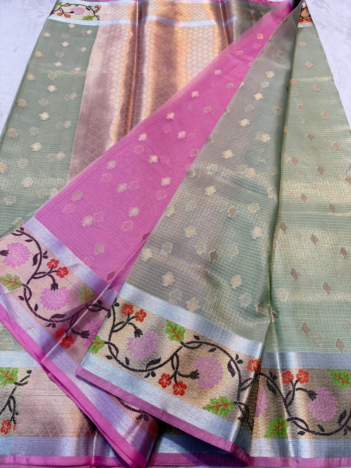 Sea Green Tissue Kota Pathni Border Premium Banarasi Saree