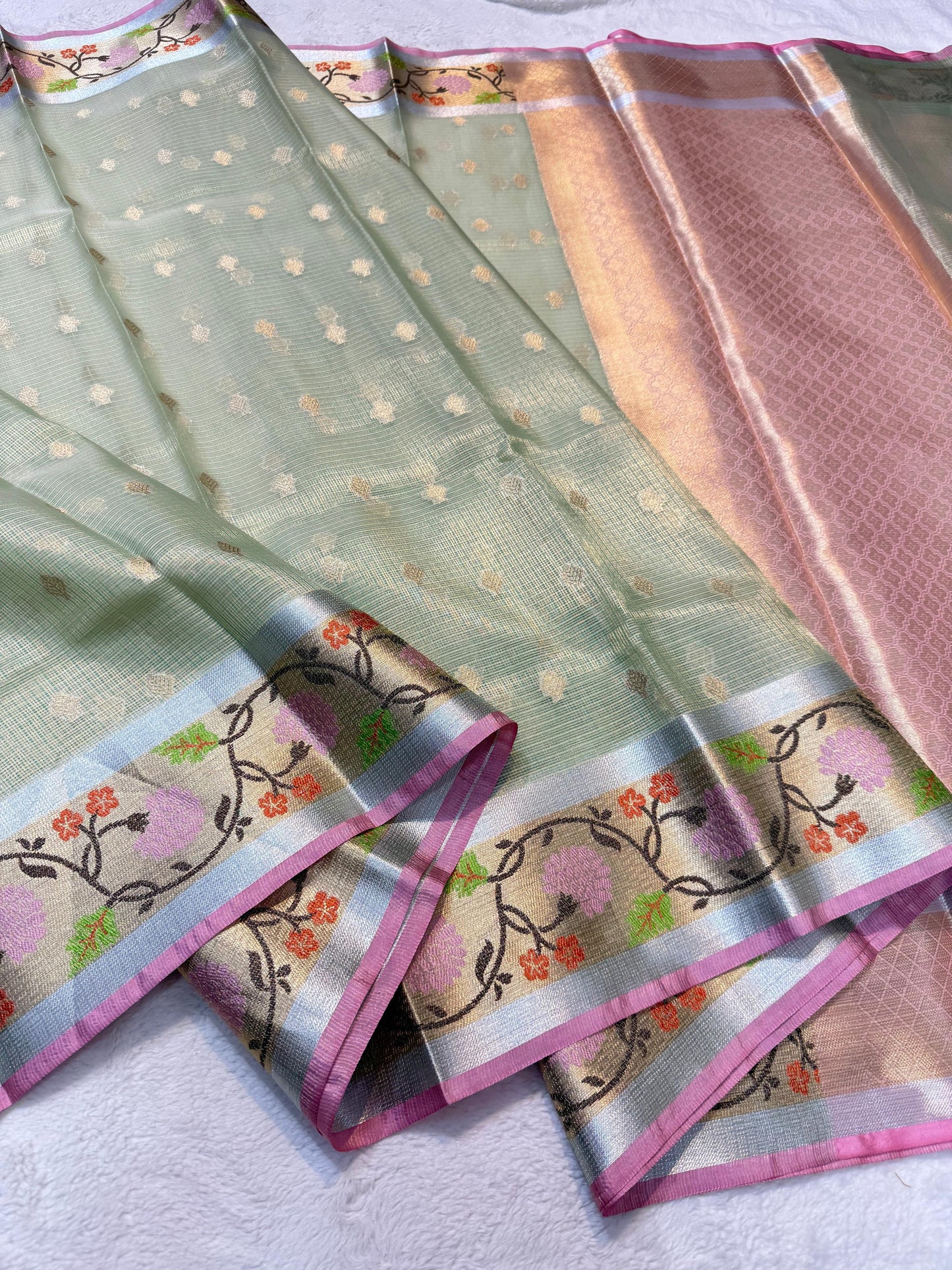 Sea Green Tissue Kota Pathni Border Premium Banarasi Saree