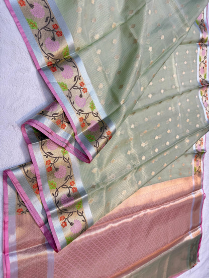Sea Green Tissue Kota Pathni Border Premium Banarasi Saree