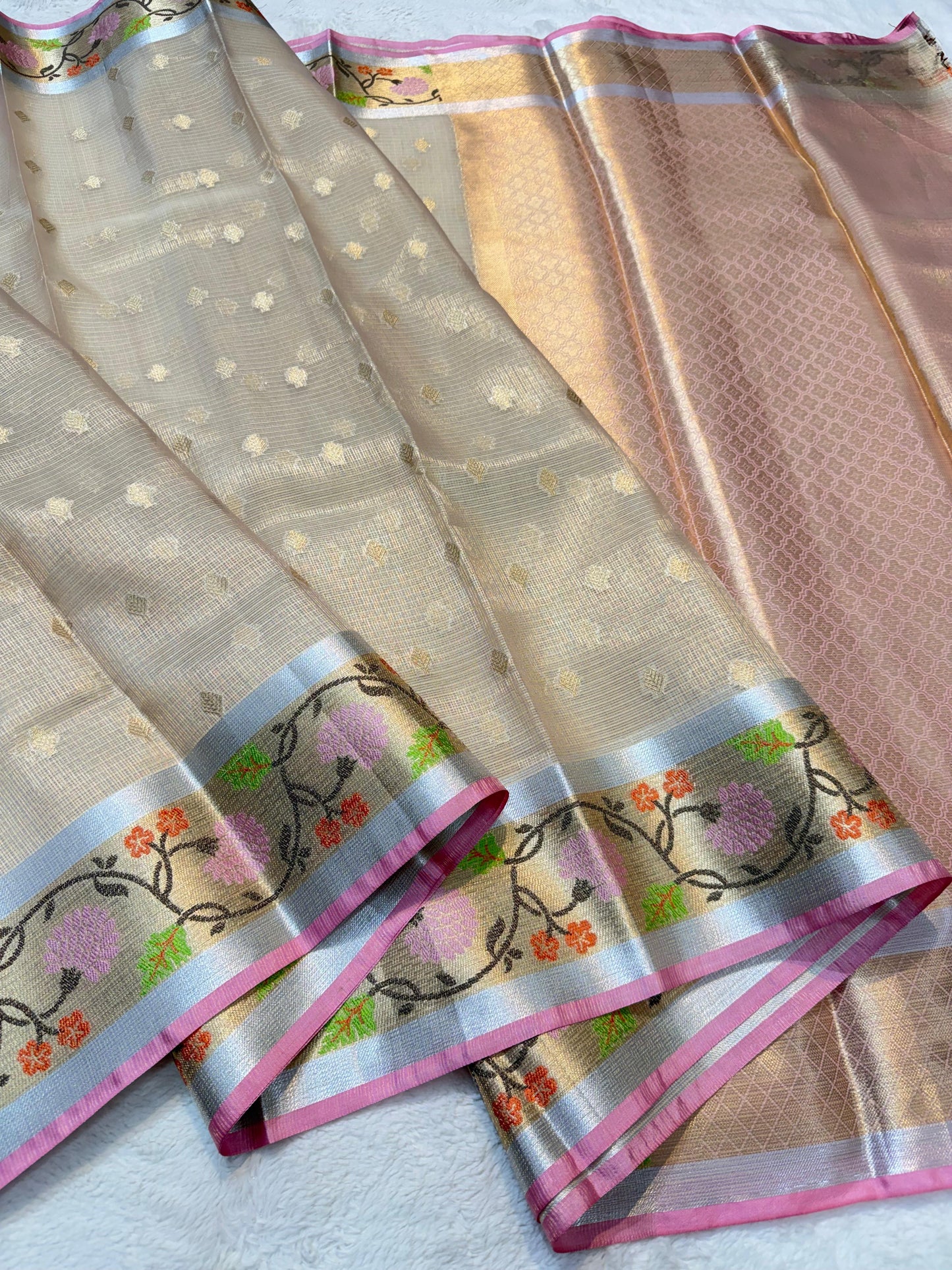 Beige Tissue Kota Pathni Border Premium Banarasi Saree