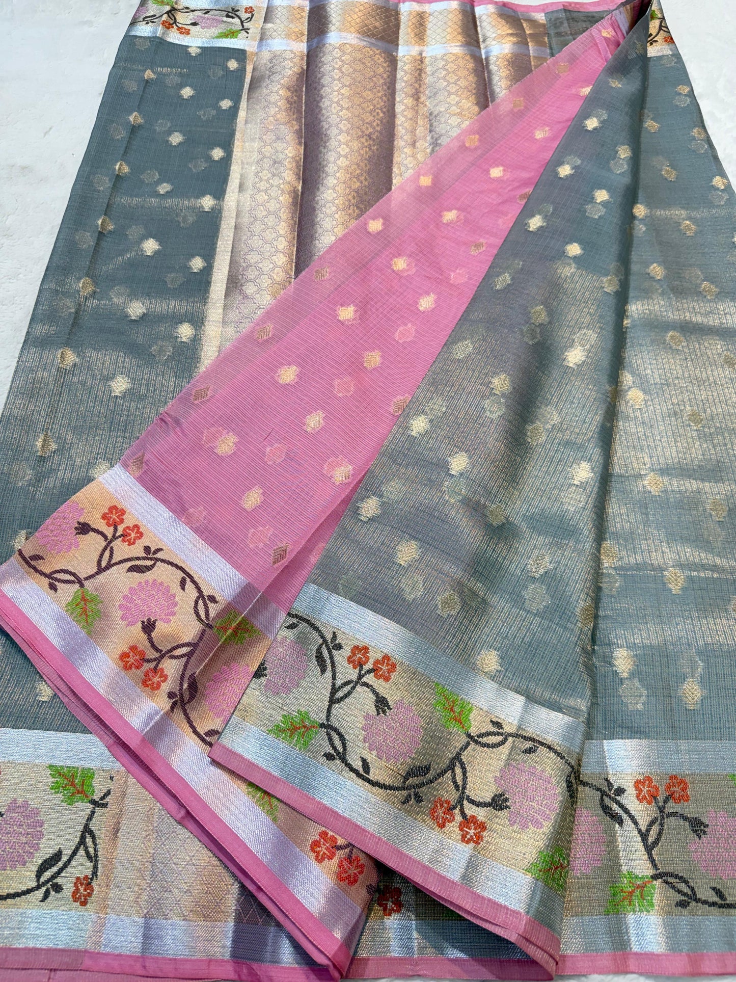 Gray Tissue Kota Pathni Border Premium Banarasi Saree