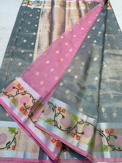 Gray Tissue Kota Pathni Border Premium Banarasi Saree