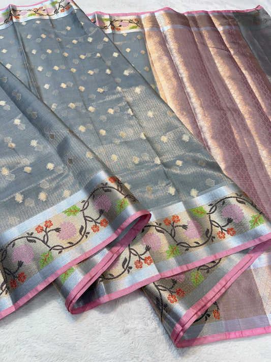 Gray Tissue Kota Pathni Border Premium Banarasi Saree