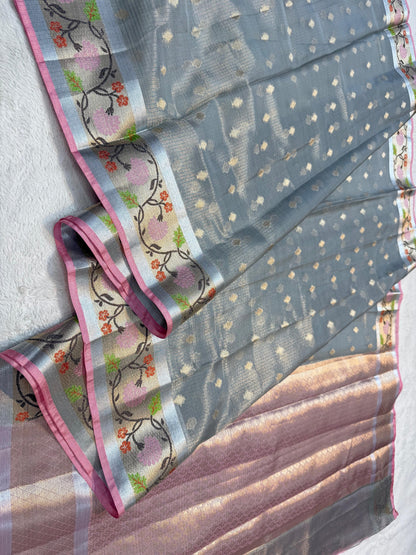 Gray Tissue Kota Pathni Border Premium Banarasi Saree