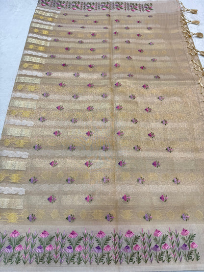 Beige Tissue Kota Designer Embroidery Premium Banarasi Saree