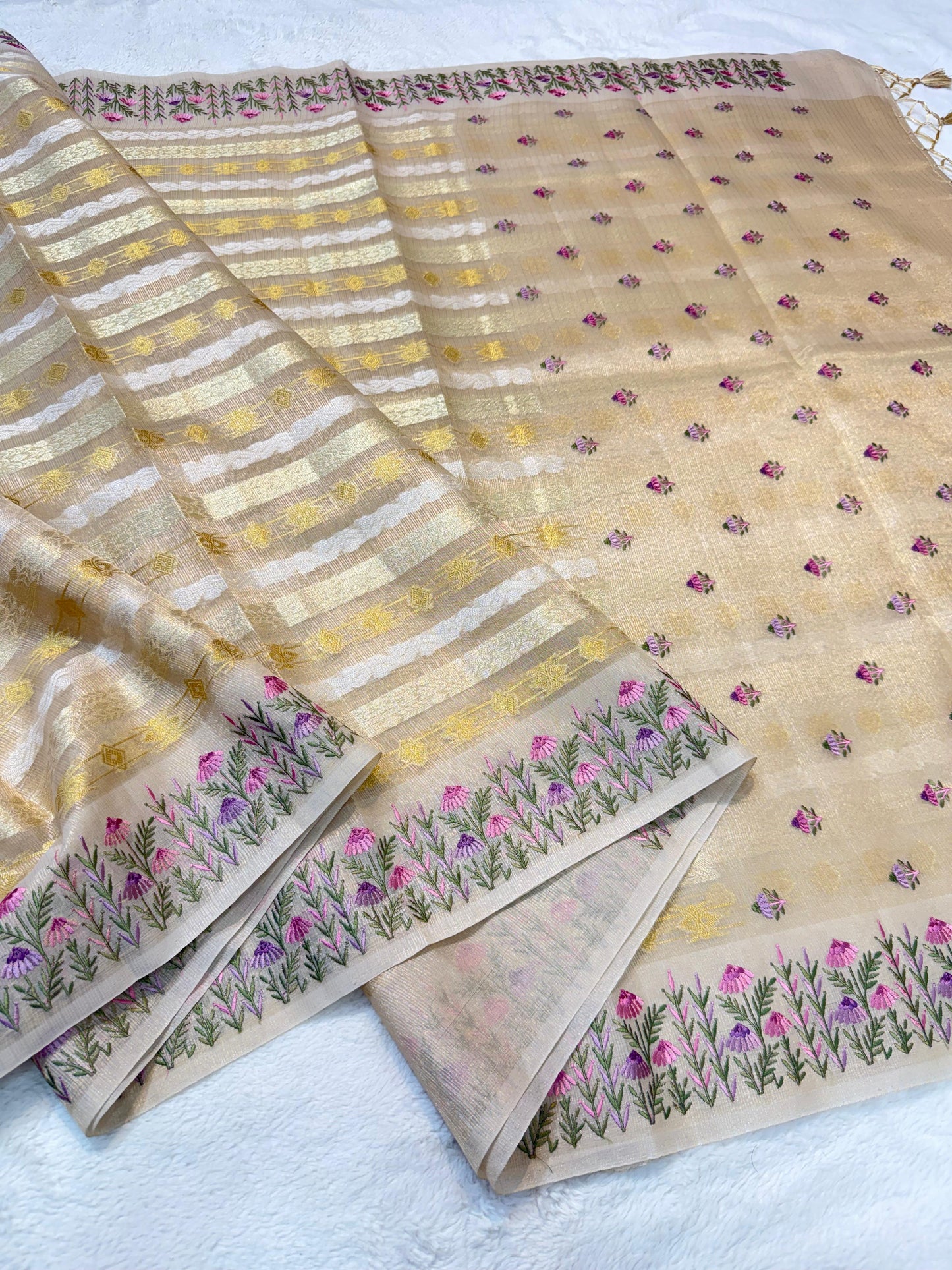 Beige Tissue Kota Designer Embroidery Premium Banarasi Saree