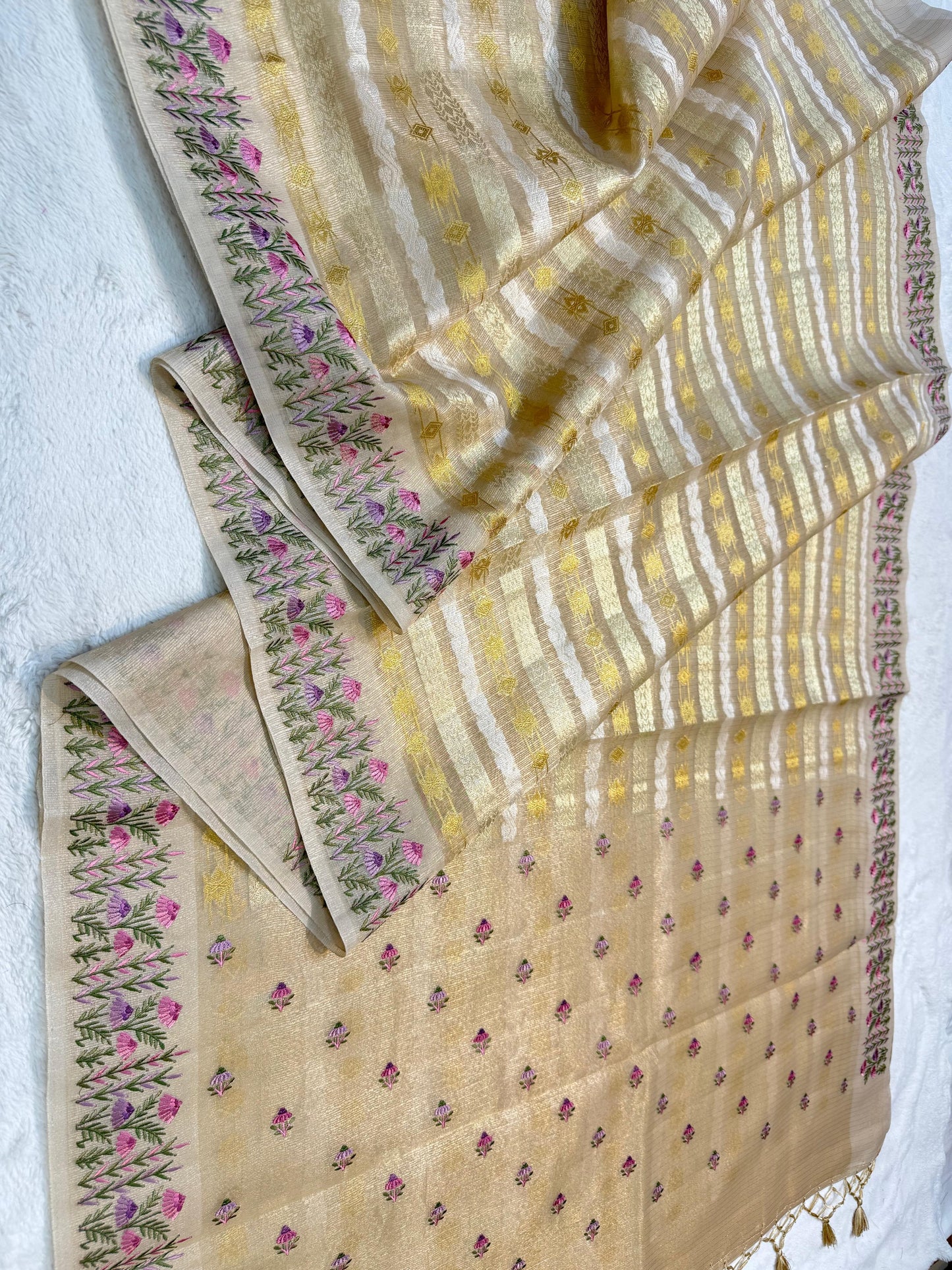 Beige Tissue Kota Designer Embroidery Premium Banarasi Saree