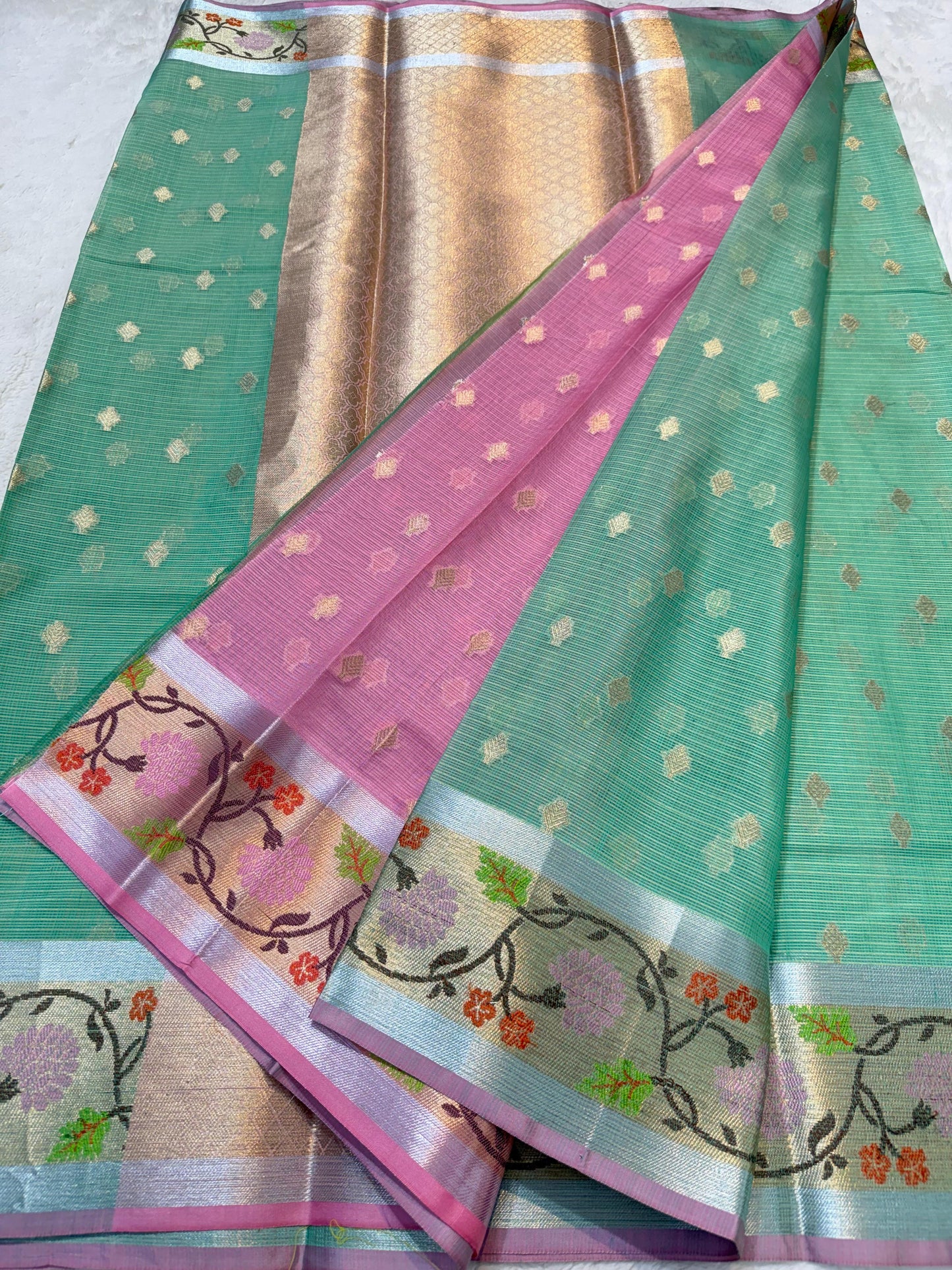 Sea Green Tissue Kota Pathni Border Premium Banarasi Saree