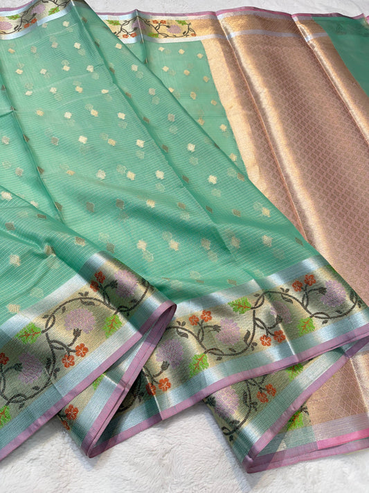 Sea Green Tissue Kota Pathni Border Premium Banarasi Saree