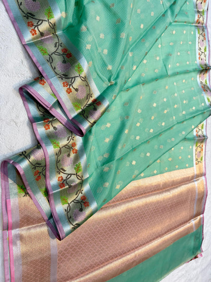 Sea Green Tissue Kota Pathni Border Premium Banarasi Saree