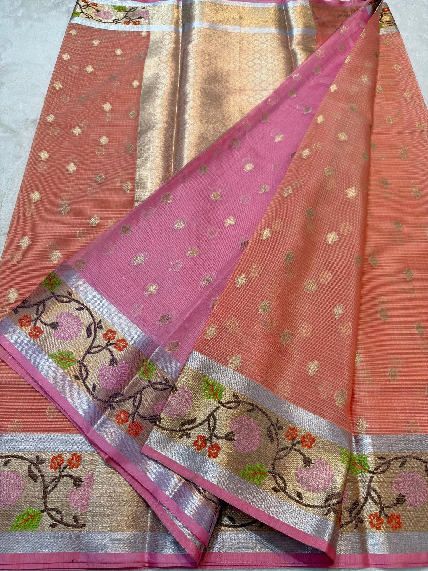 Peach Tissue Kota Pathni Border Premium Banarasi Saree