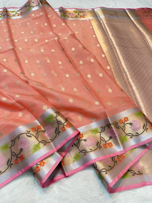 Peach Tissue Kota Pathni Border Premium Banarasi Saree
