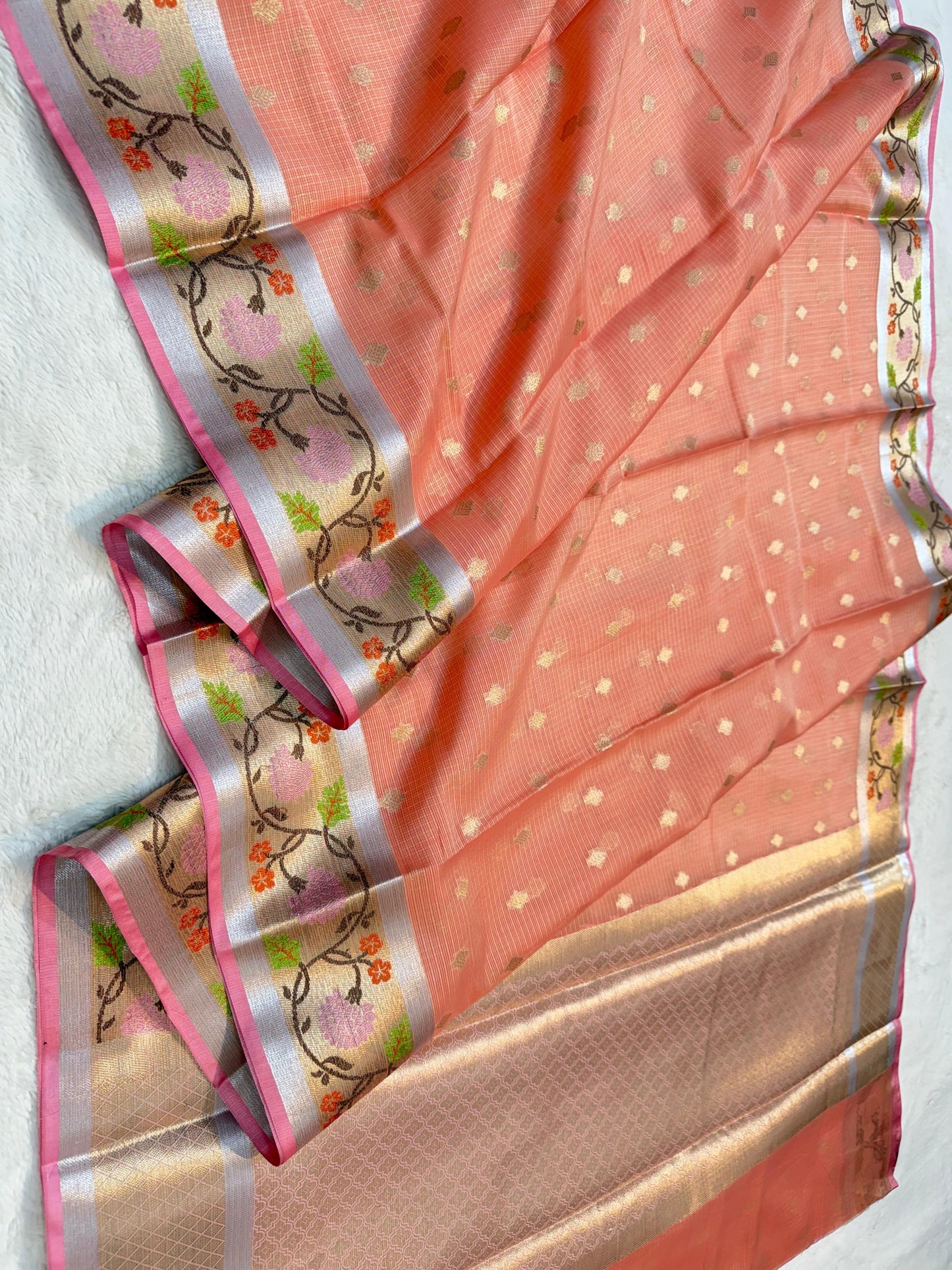 Peach Tissue Kota Pathni Border Premium Banarasi Saree