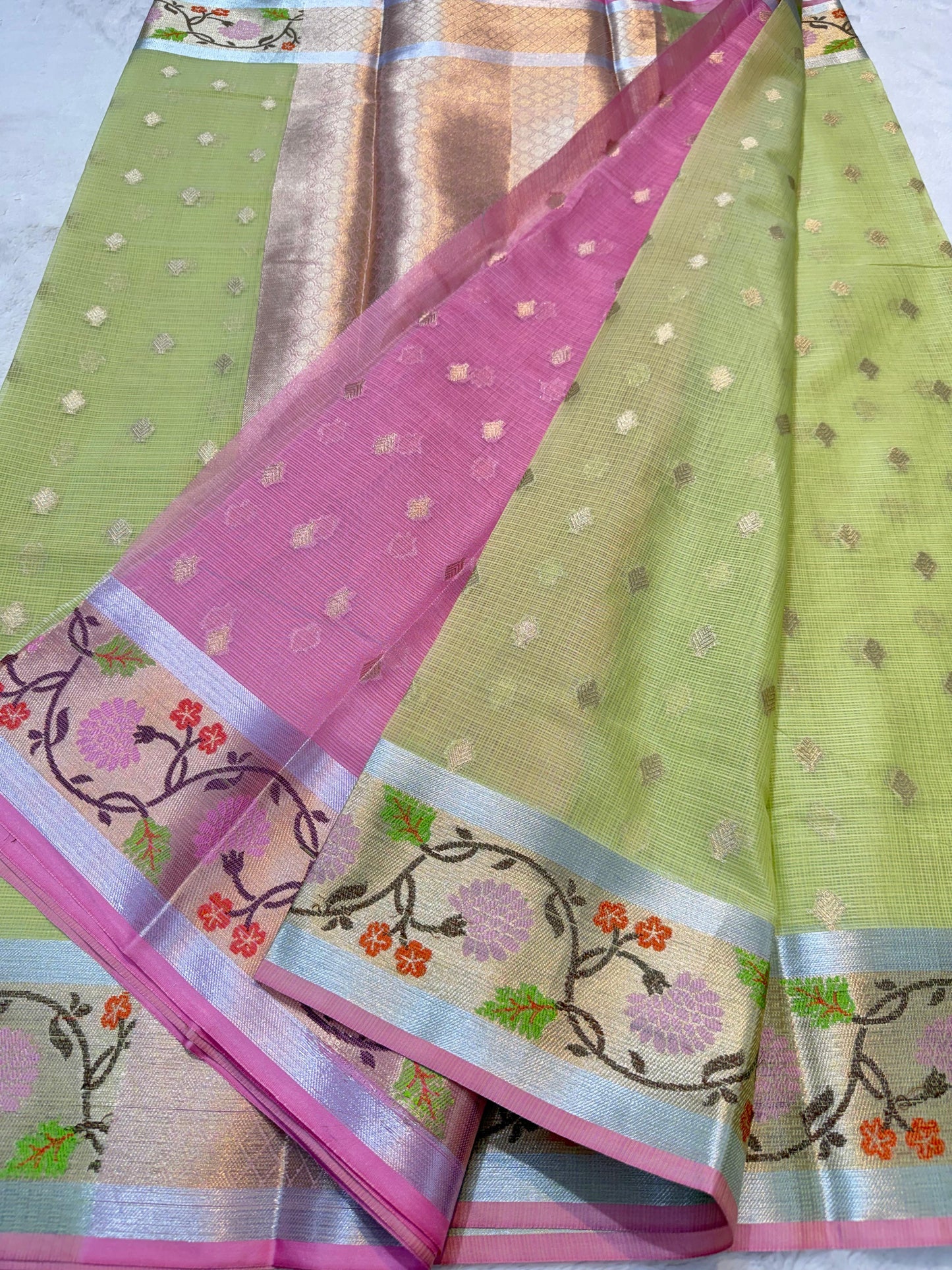 Pista Green Tissue Kota Pathni Border Premium Banarasi Saree