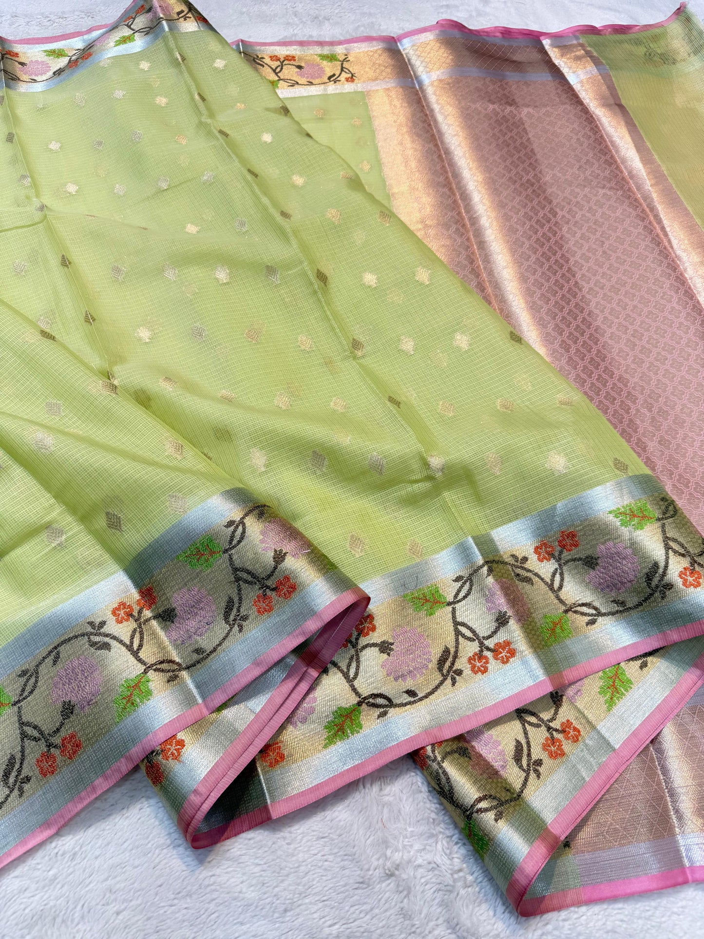 Pista Green Tissue Kota Pathni Border Premium Banarasi Saree