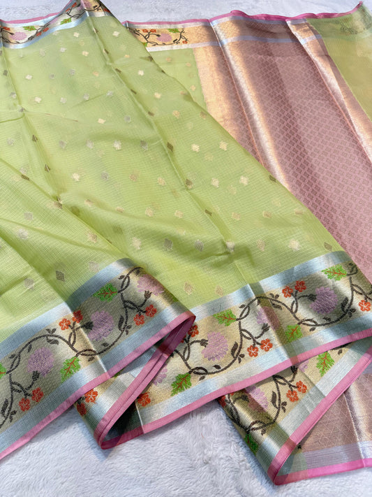 Pista Green Tissue Kota Pathni Border Premium Banarasi Saree