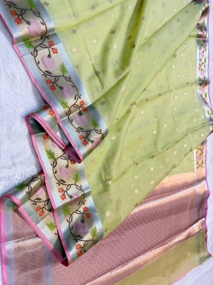 Pista Green Tissue Kota Pathni Border Premium Banarasi Saree