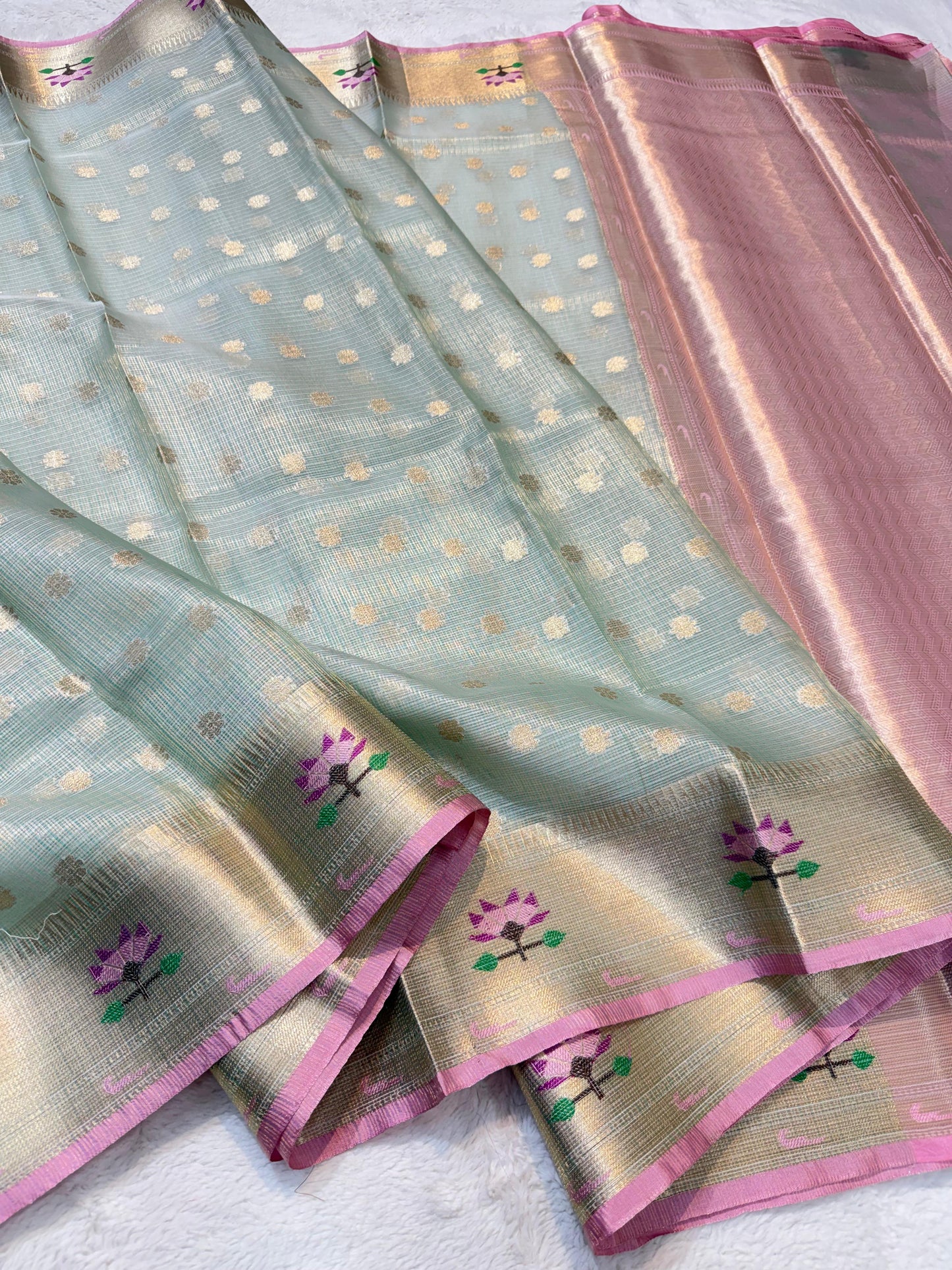 Sea Green Tissue Kota Pathni Border Premium Banarasi Saree